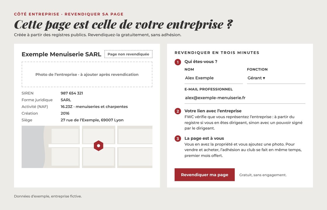Exemple de page d’entreprise non revendiquée, créée à partir des registres publics, avec le formulaire de revendication en trois étapes