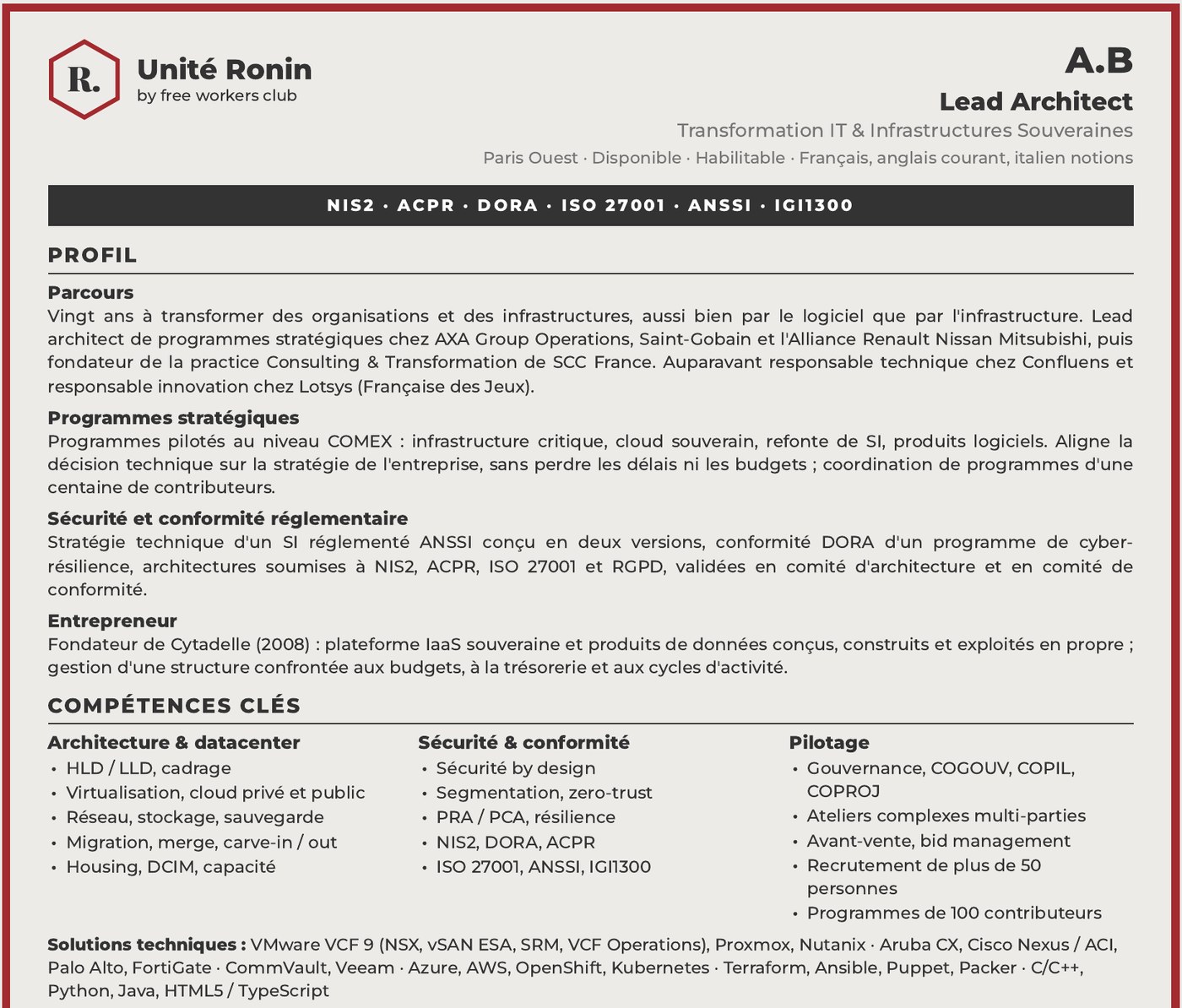 Page de profil d'un dossier Unité Ronin : parcours, compétences clés, solutions techniques et expériences