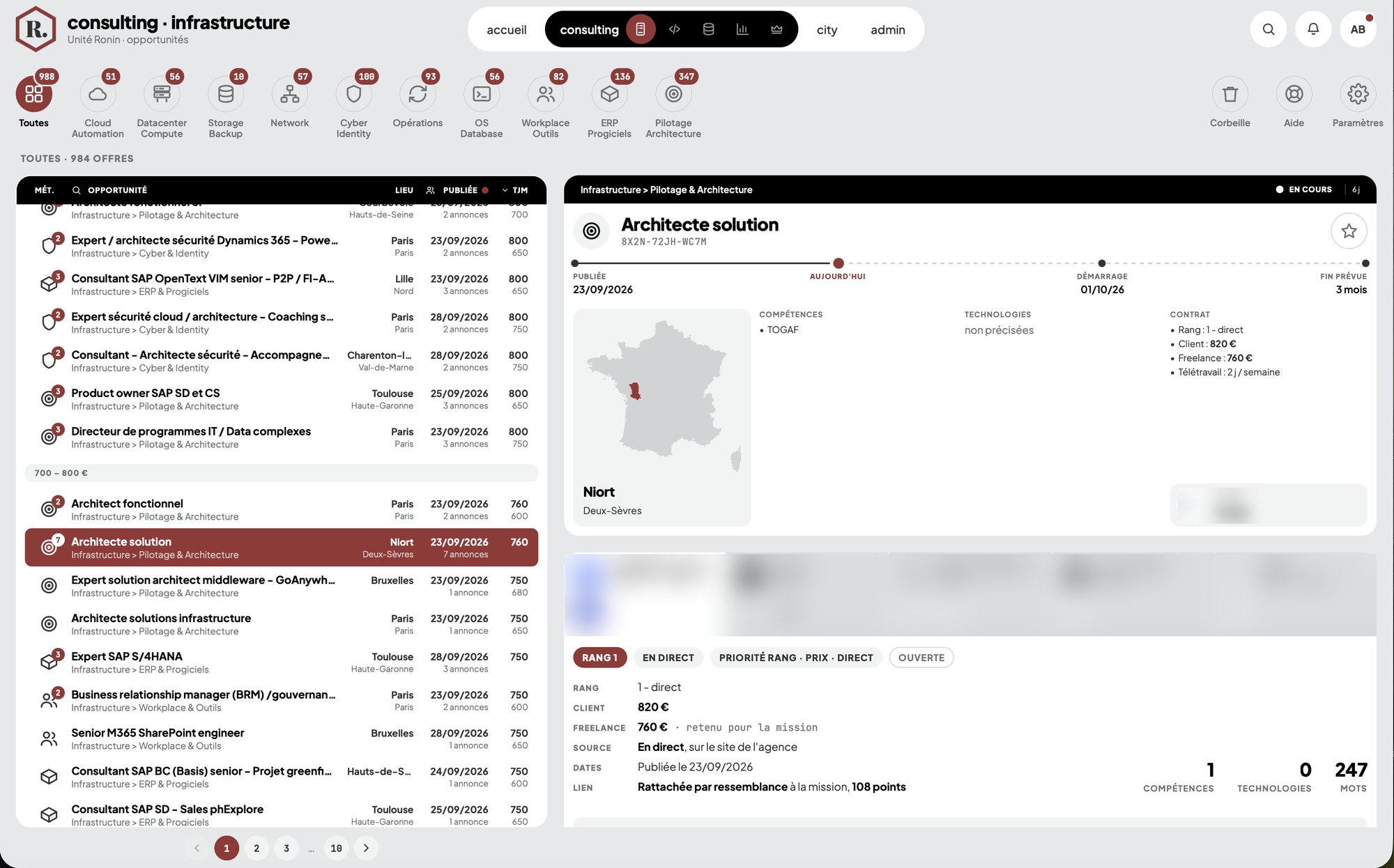 Écran Opportunités d'Unité Ronin : annonces du cercle SI et Infrastructure, rang, prix client et prix freelance